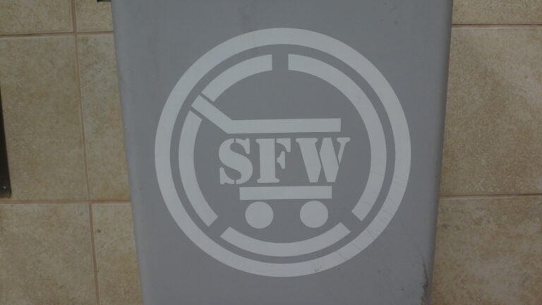 Old Shoppers Food Warehouse logo on trashcan